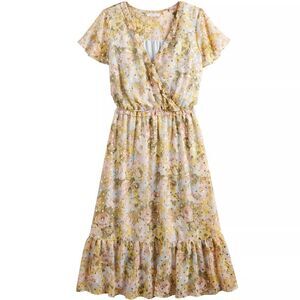 Lauren Conrad Pink Green Floral Metallic Ruffle Trim Short Sleeve Spring Dress